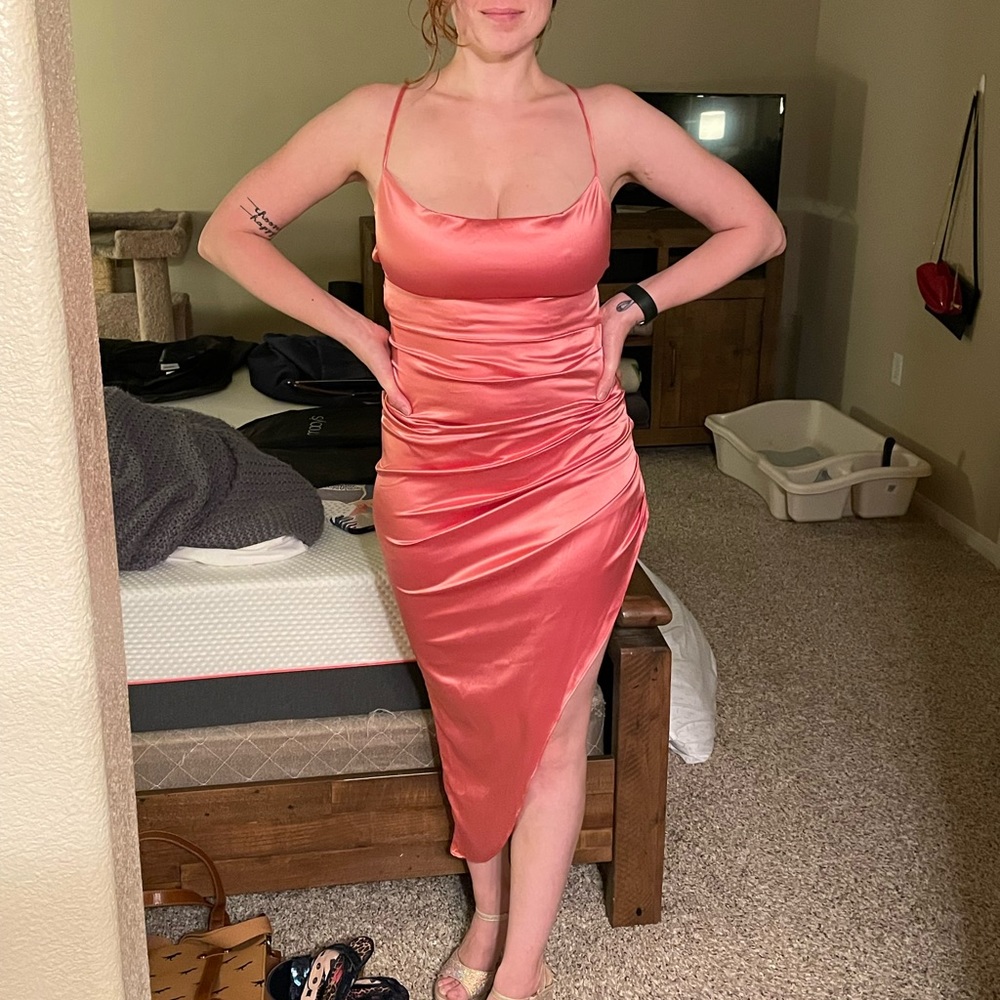 Coral stretch satin formal dress, size Medium. Asymmetric skirt, fitted, sexy.